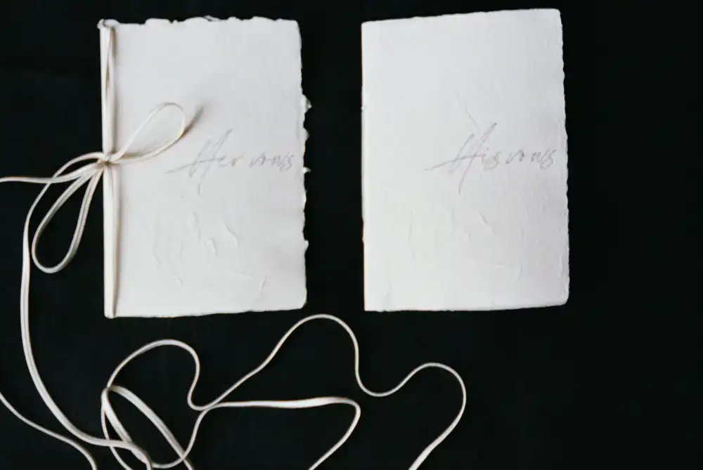 Close up of bespoke wedding invitation suite with fine calligraphy